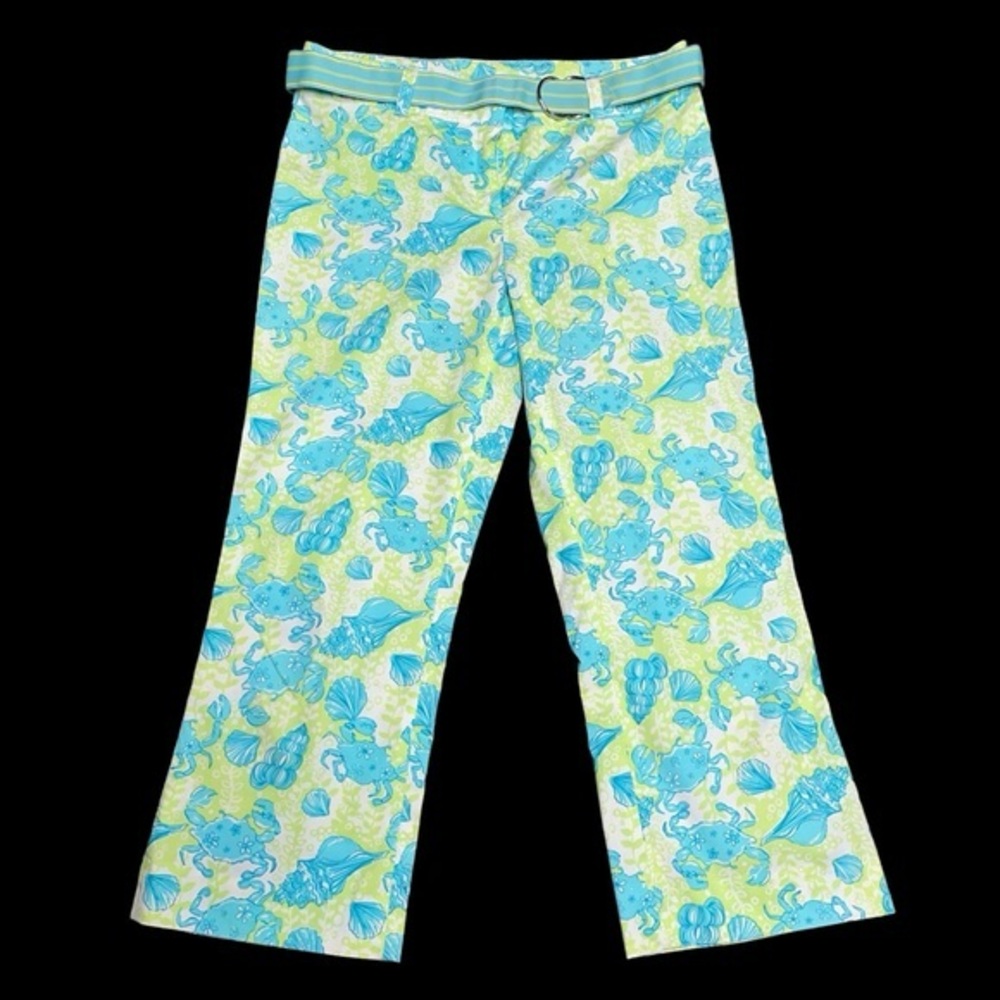 Lilly Pulitzer Lime Aqua 6 Mid-Rise Crab Shell Print Stretch Capri with Belt EUC
